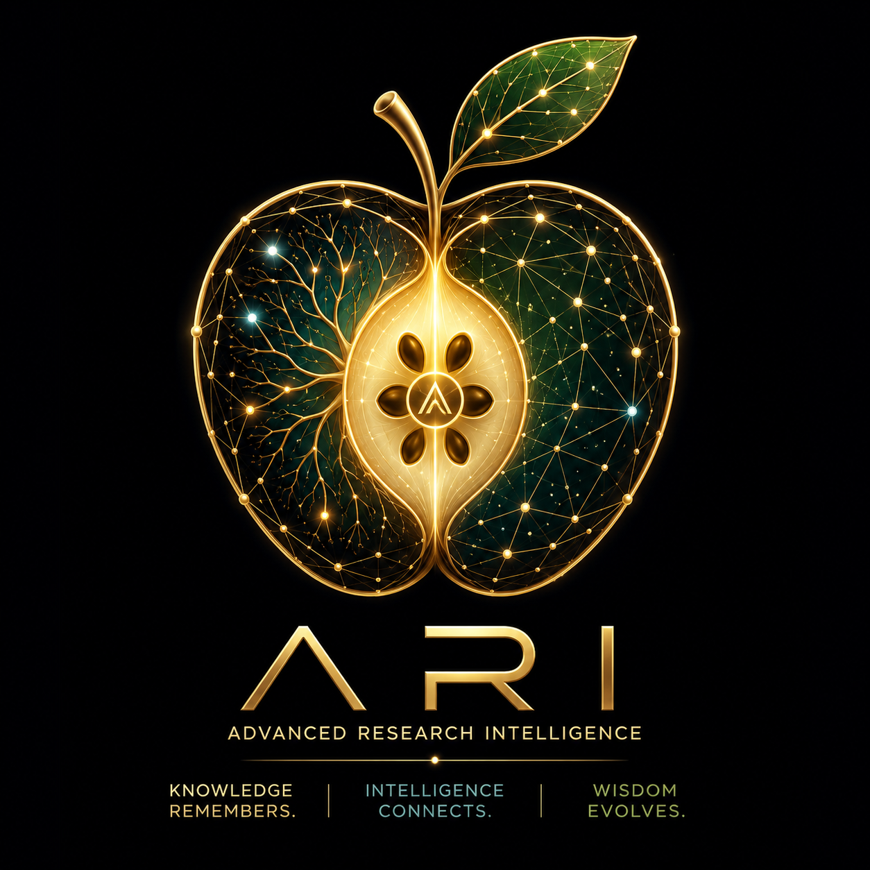 The ARI apple — a golden apple of interconnected nodes, halved to reveal seeds arranged around the AXION mark. ARI: Advanced Research Intelligence. Knowledge remembers. Intelligence connects. Wisdom evolves.