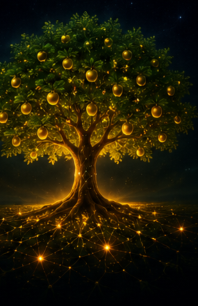 A luminous apple tree bearing golden fruit, its roots forming a glowing network beneath the soil